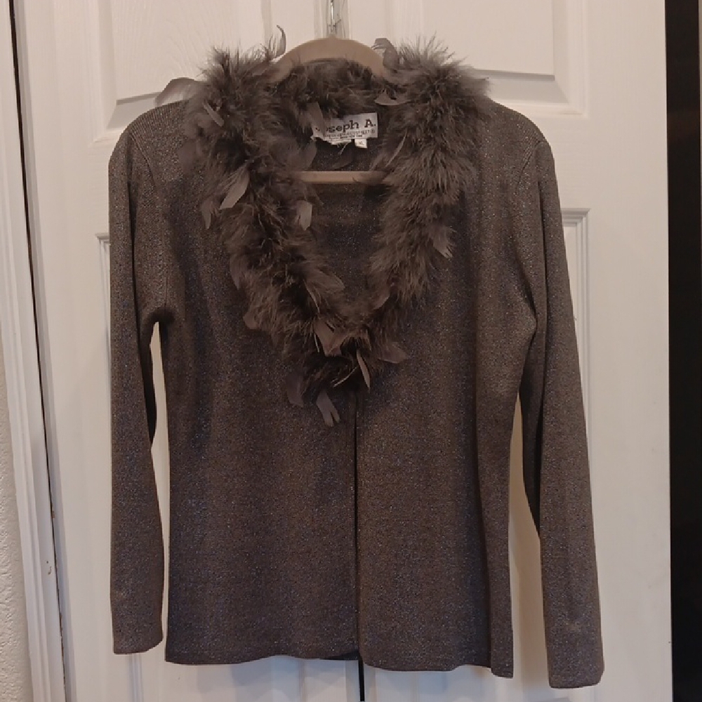 Vtg Joseph A Silk Metallic Gray  Cardigan with Genuine Feather Detail Size XL